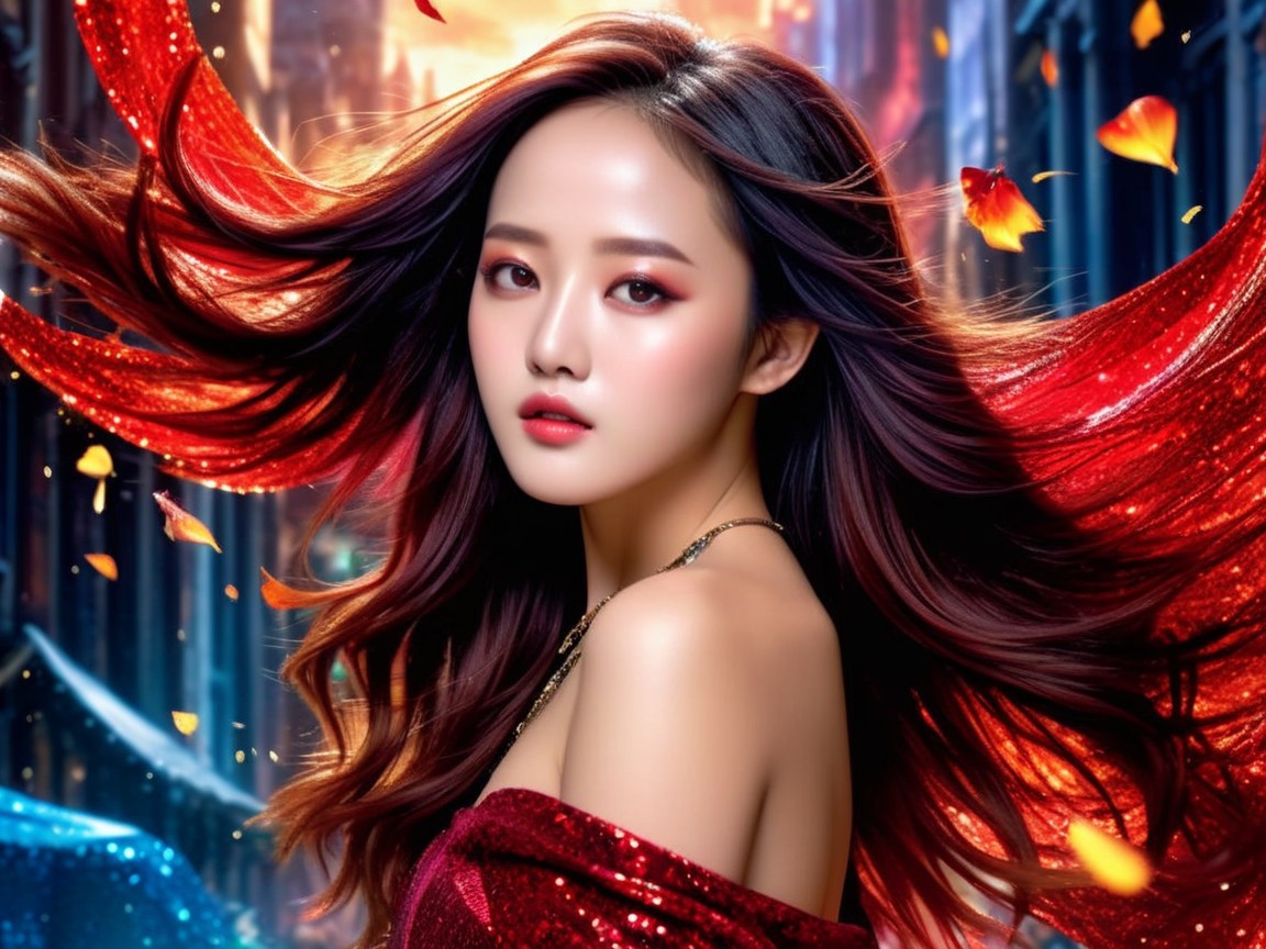 Portrait of a Young Woman in a Mystical Cityscape