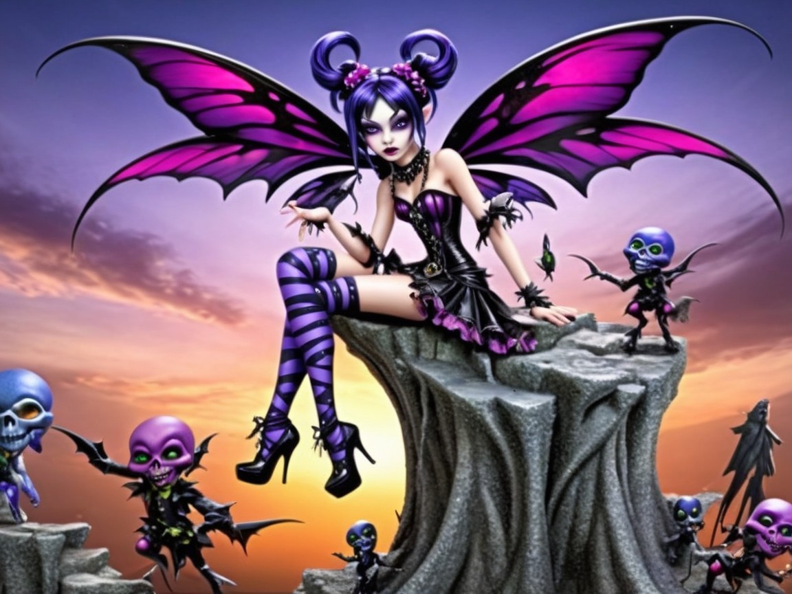 Gothic Fairy with Butterfly Wings in Sunset Scene