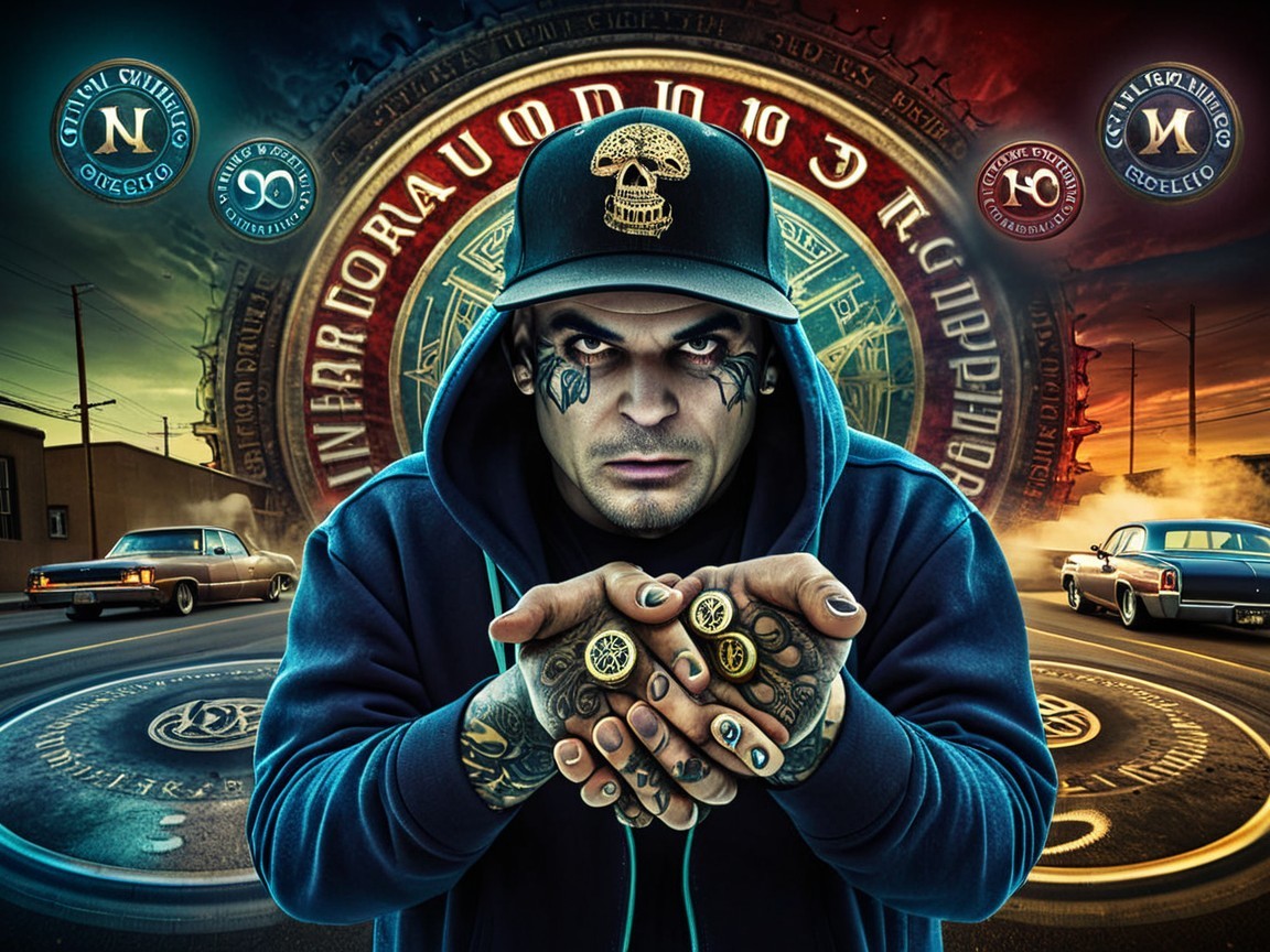 Tattooed Man with Coins in Urban Setting