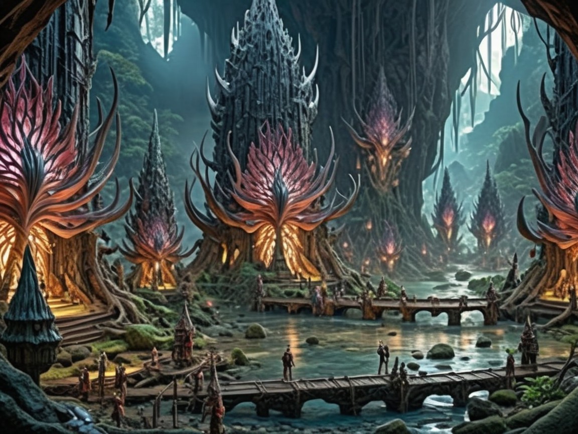 Mystical Forest with Floral Structures and Bioluminescence