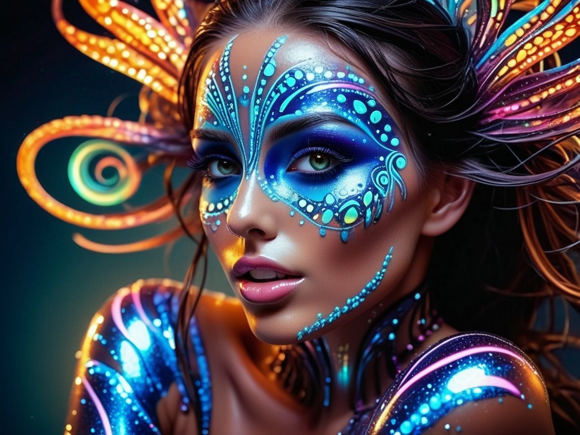 Portrait of a model with vibrant aquatic-themed body paint