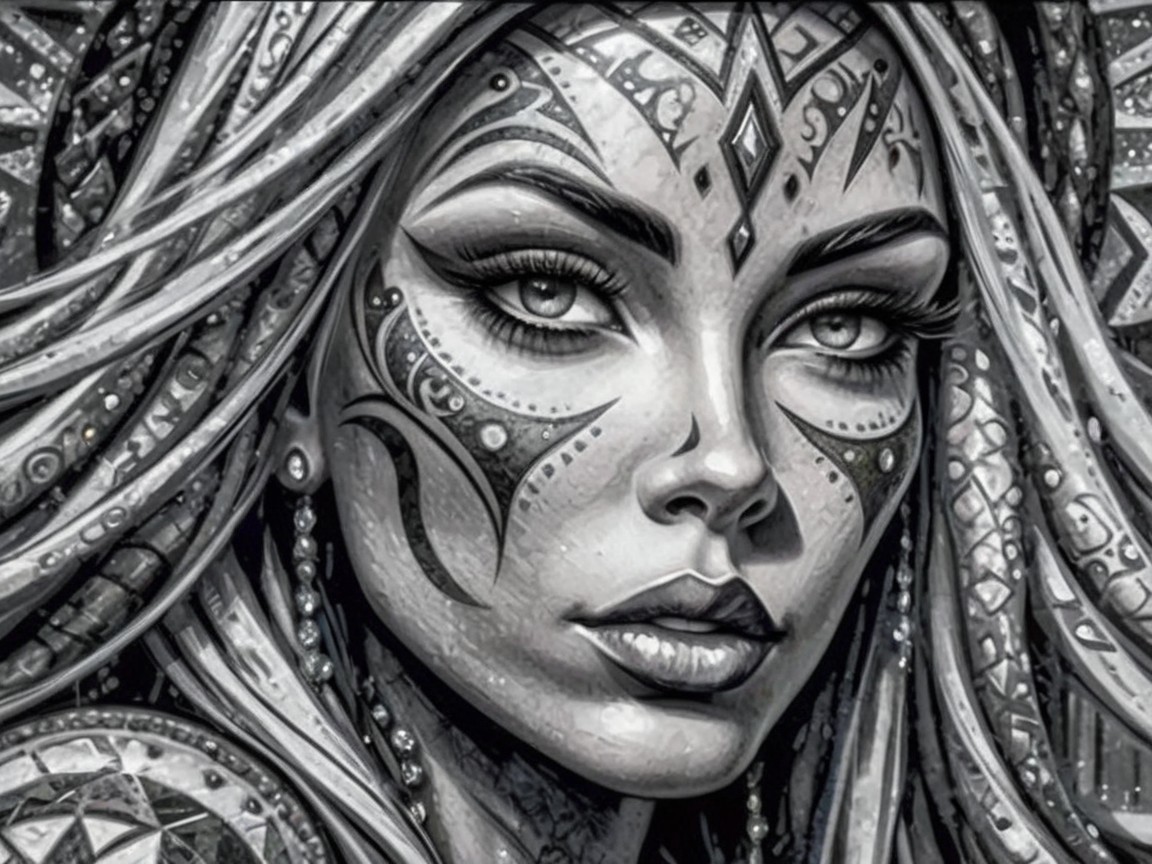 Portrait of a Woman with Tribal Face Paint and Jewelry