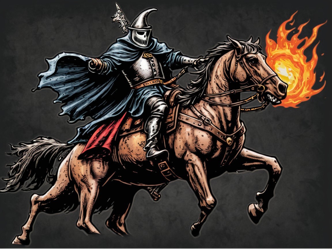 Dark Knight in Armor with Fiery Sphere on Horse