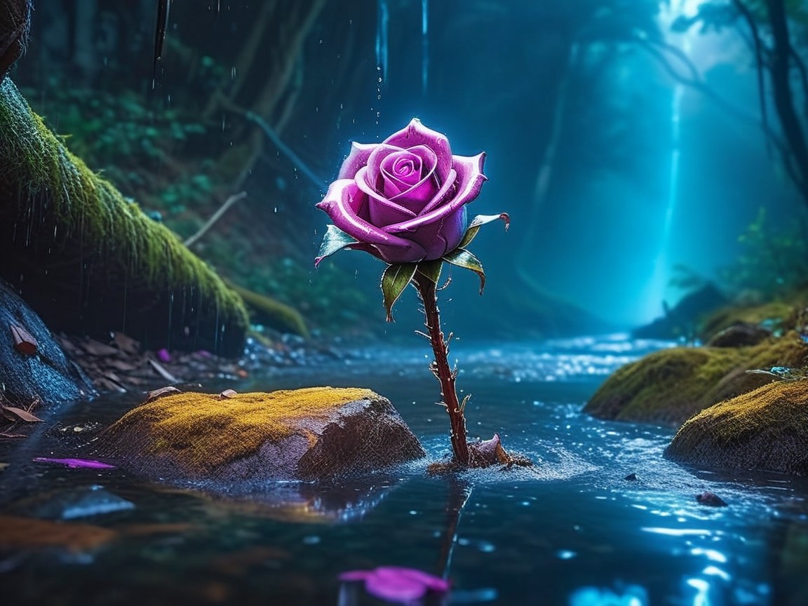 Purple Rose in Tranquil Stream Surrounded by Forest