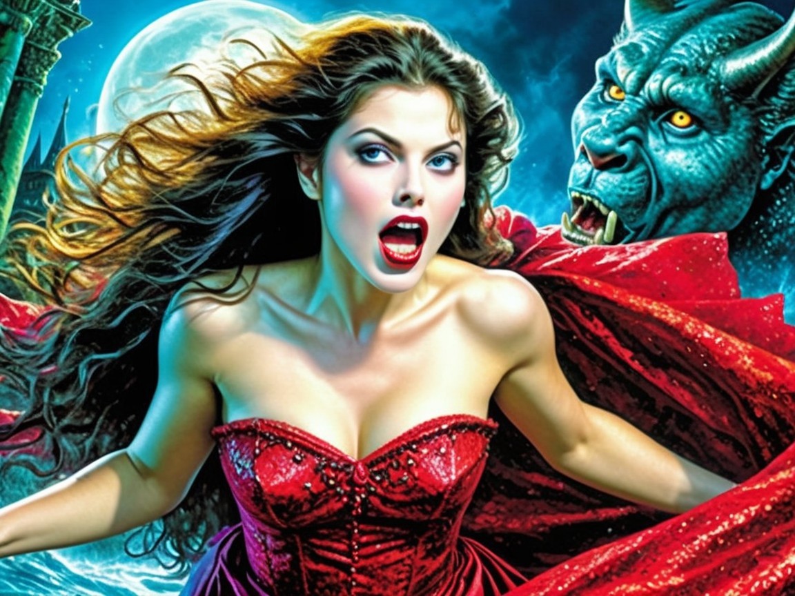 Dramatic scene of a woman in a red gown with creature