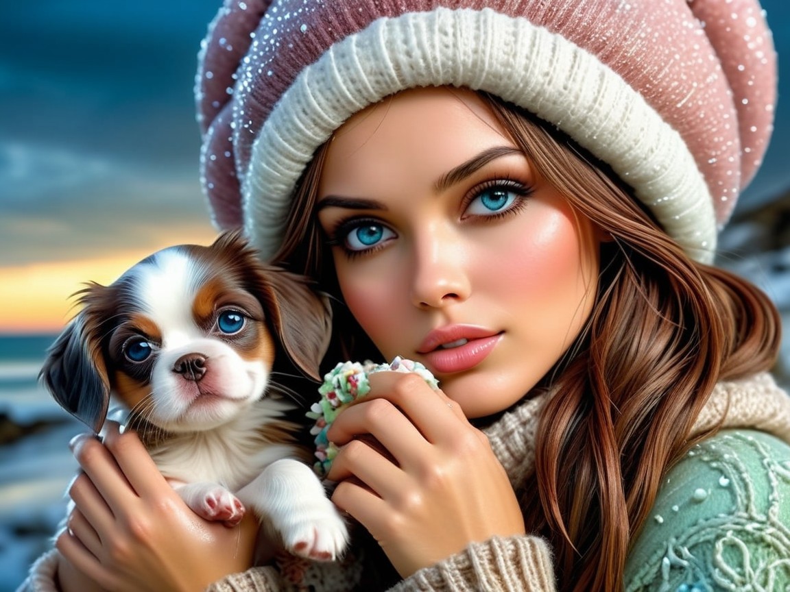 Woman with Blue Eyes and Puppy Against Soft Sky