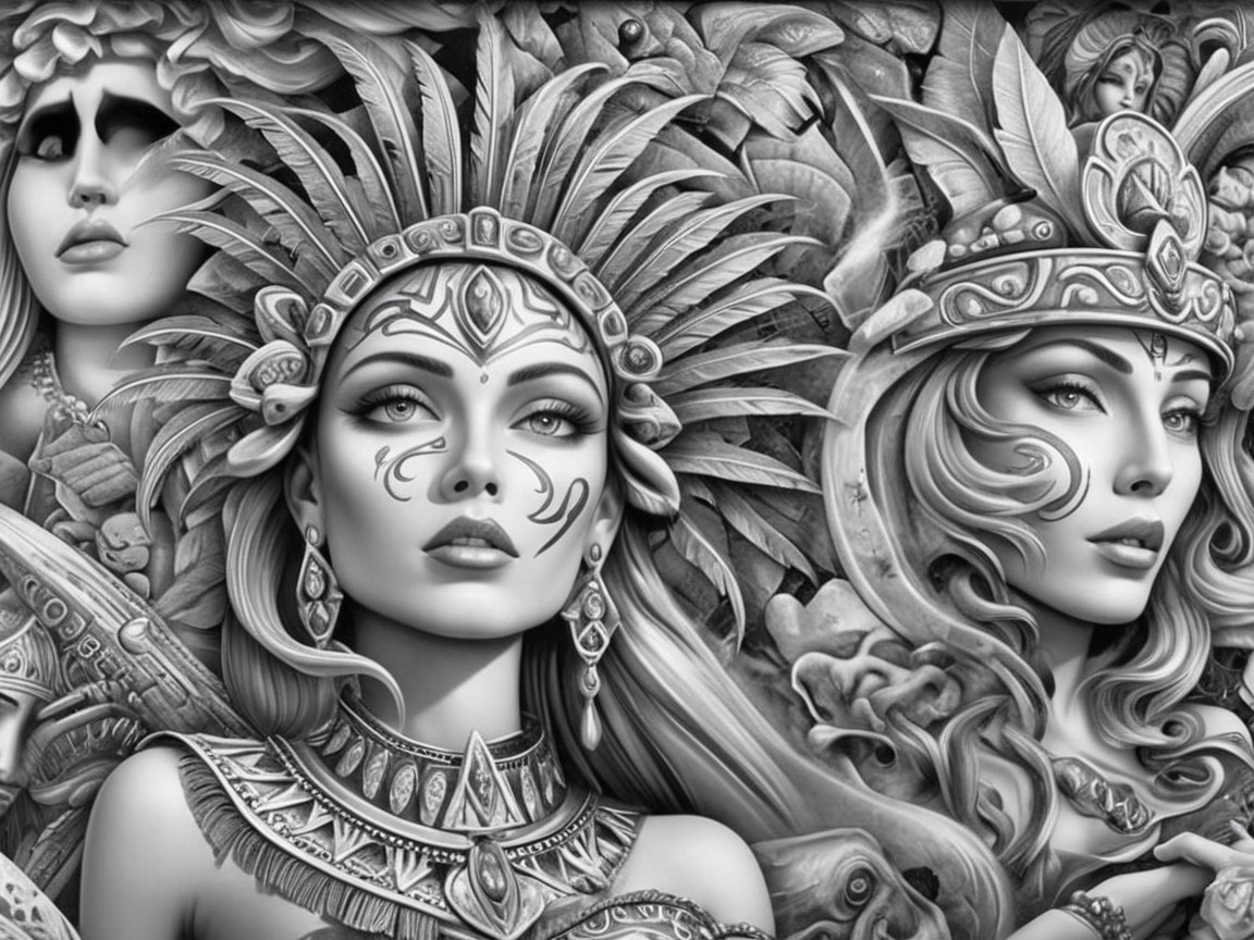 Black and White Illustration of Majestic Tribal Figures