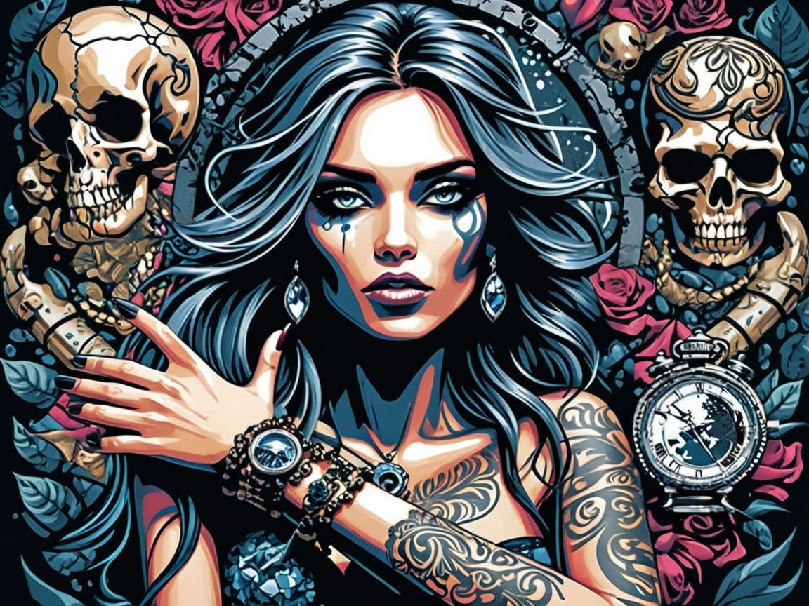 Striking Woman with Tattoos Amid Roses and Skulls