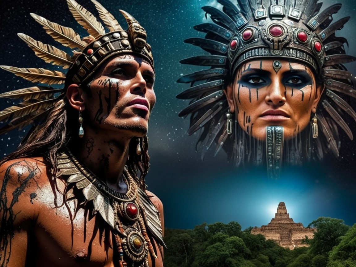 Indigenous Figures Above Aztec Temple in Starry Sky