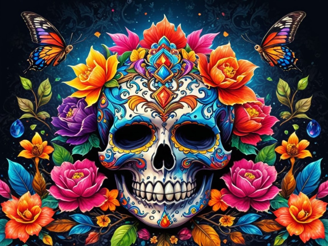 Vibrant Sugar Skull with Colorful Flowers and Butterflies