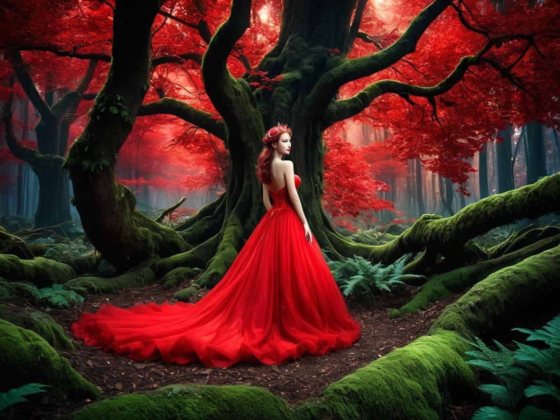 Graceful Figure in Enchanted Forest with Red Gown