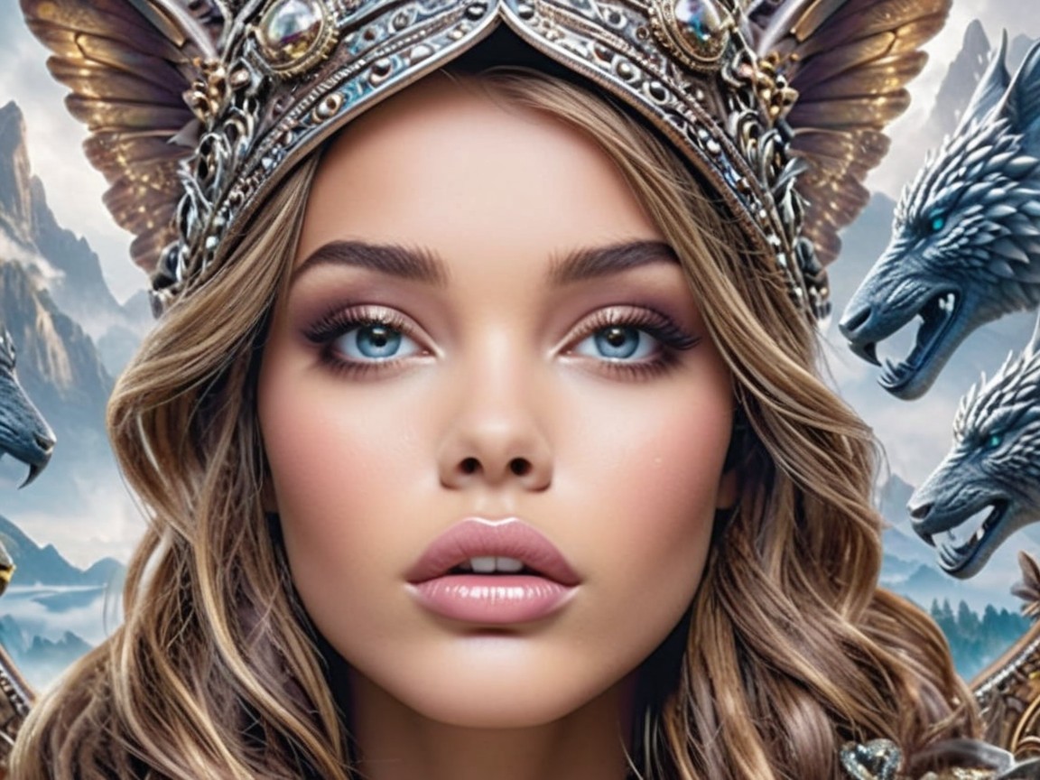 Portrait of a Young Woman with Crown and Mythical Background