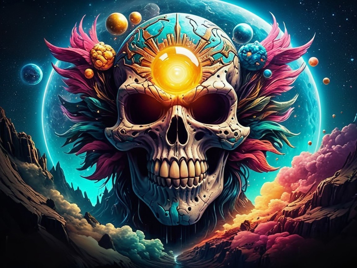 Surreal Artwork of a Skull with Cosmic Elements