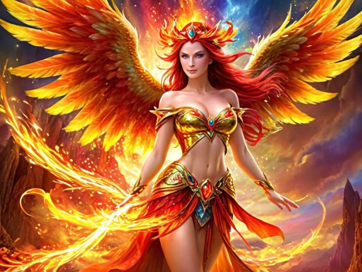 Mythical Phoenix Warrior in Vibrant Red and Gold
