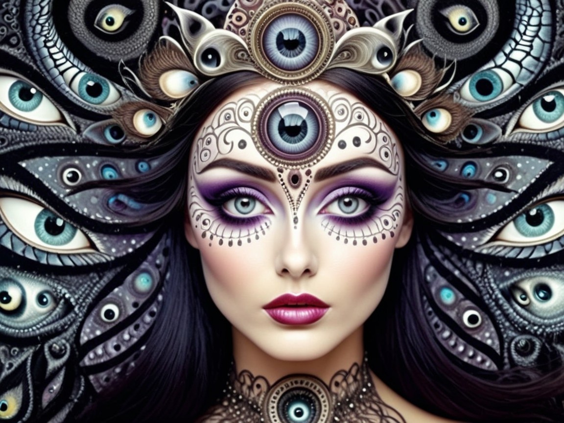 Woman with Intricate Eye-Themed Makeup and Patterns