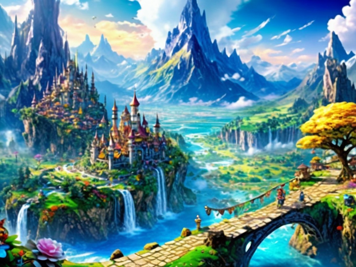 Vibrant Castle Surrounded by Lush Green Hills and Waterfalls
