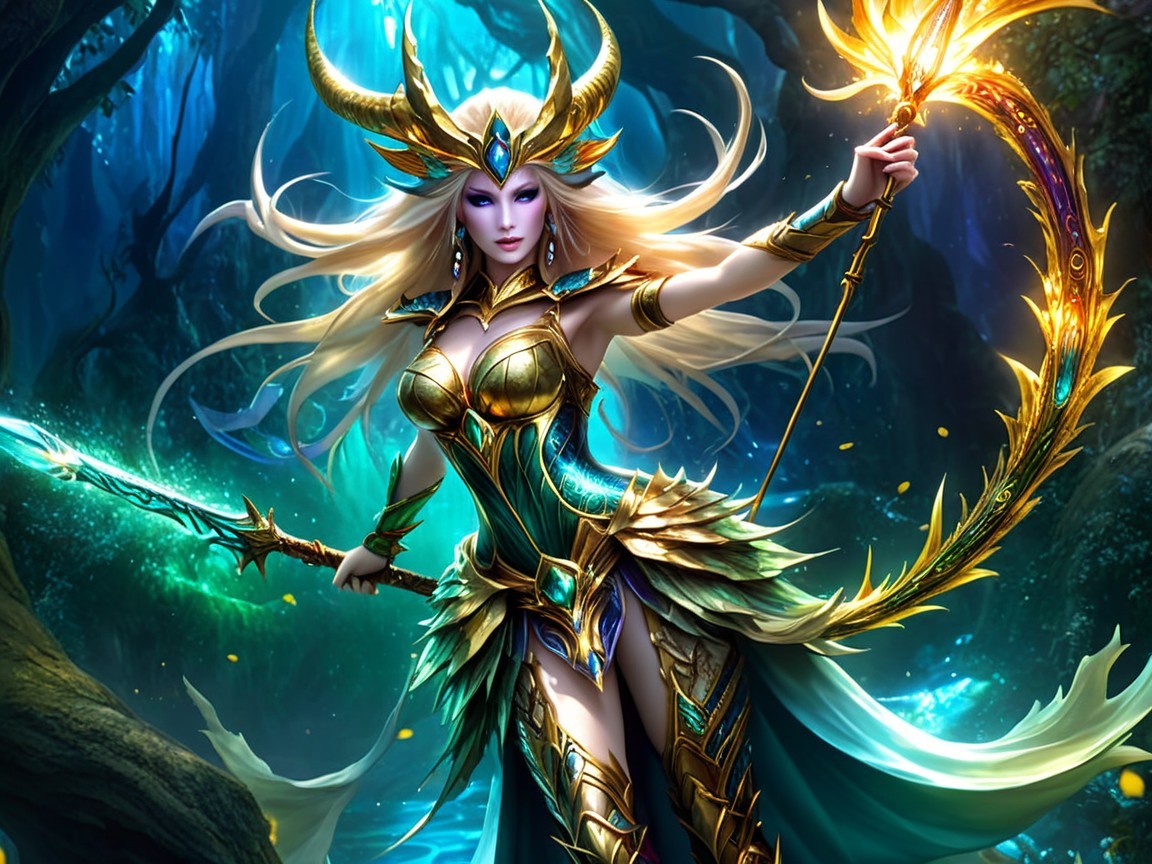 Armored Figure in Mystical Forest with Magical Elements