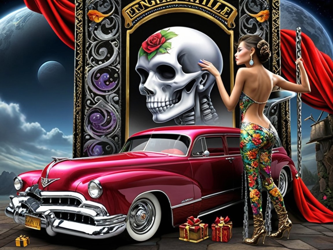 Vibrant Scene with Classic Car, Floral Figure, and Skull