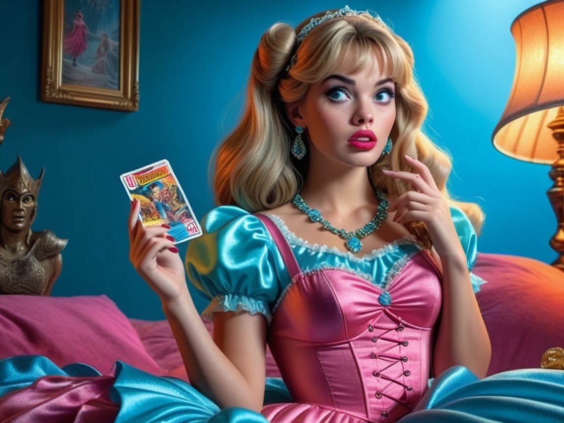 Glamorous Woman in Whimsical Room with Colorful Card