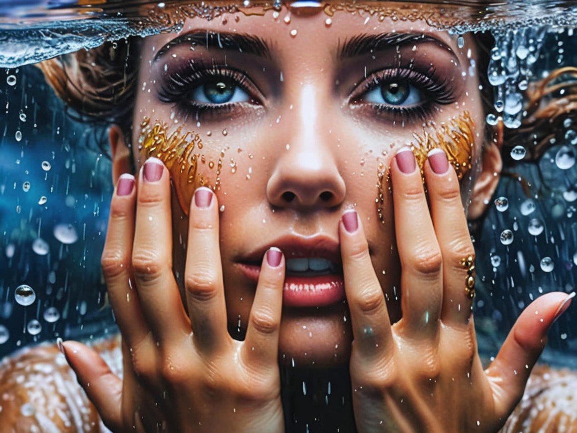 Close-Up Portrait of a Woman Submerged Underwater