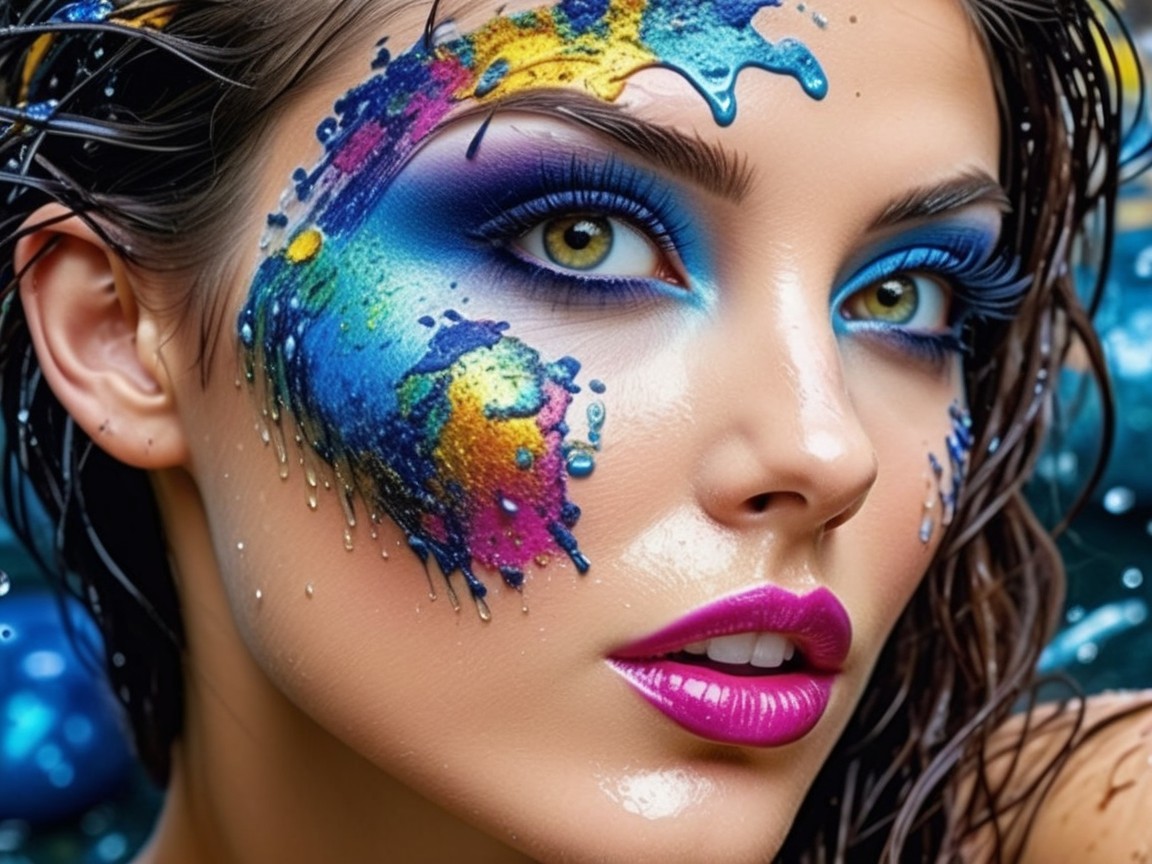 Close-up of a woman with vibrant artistic makeup