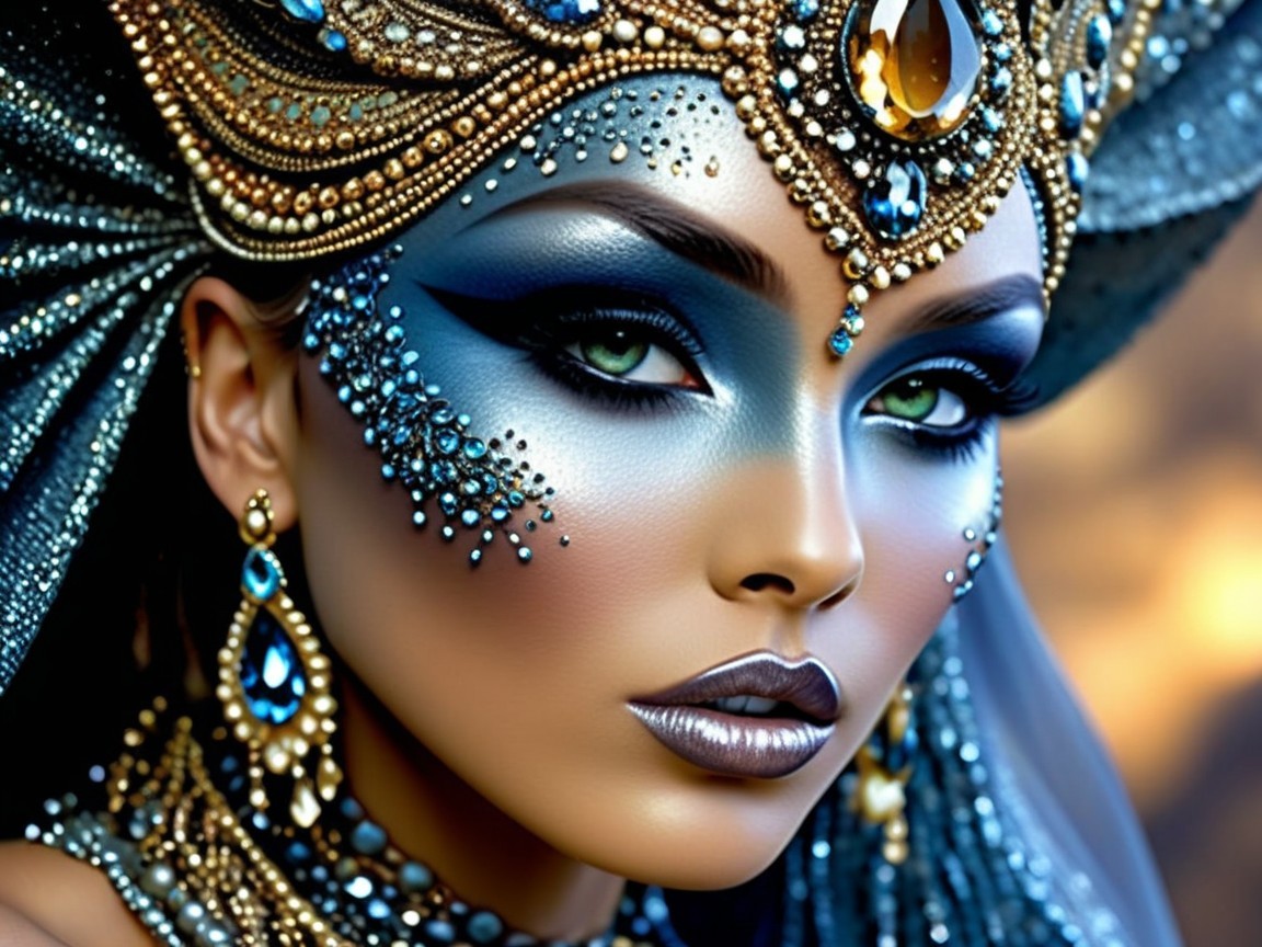 Striking Woman with Elaborate Makeup and Jewelry