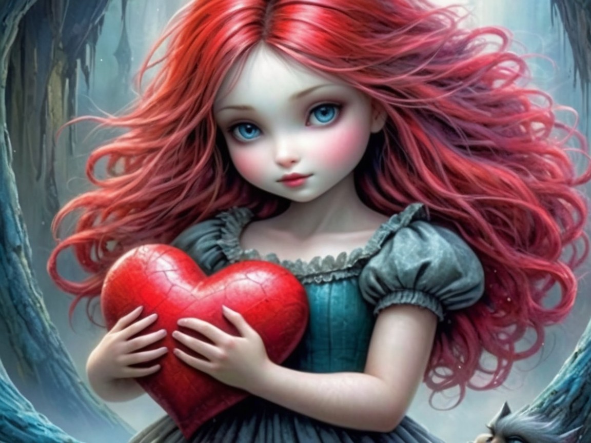 Young girl in mystical forest with red heart