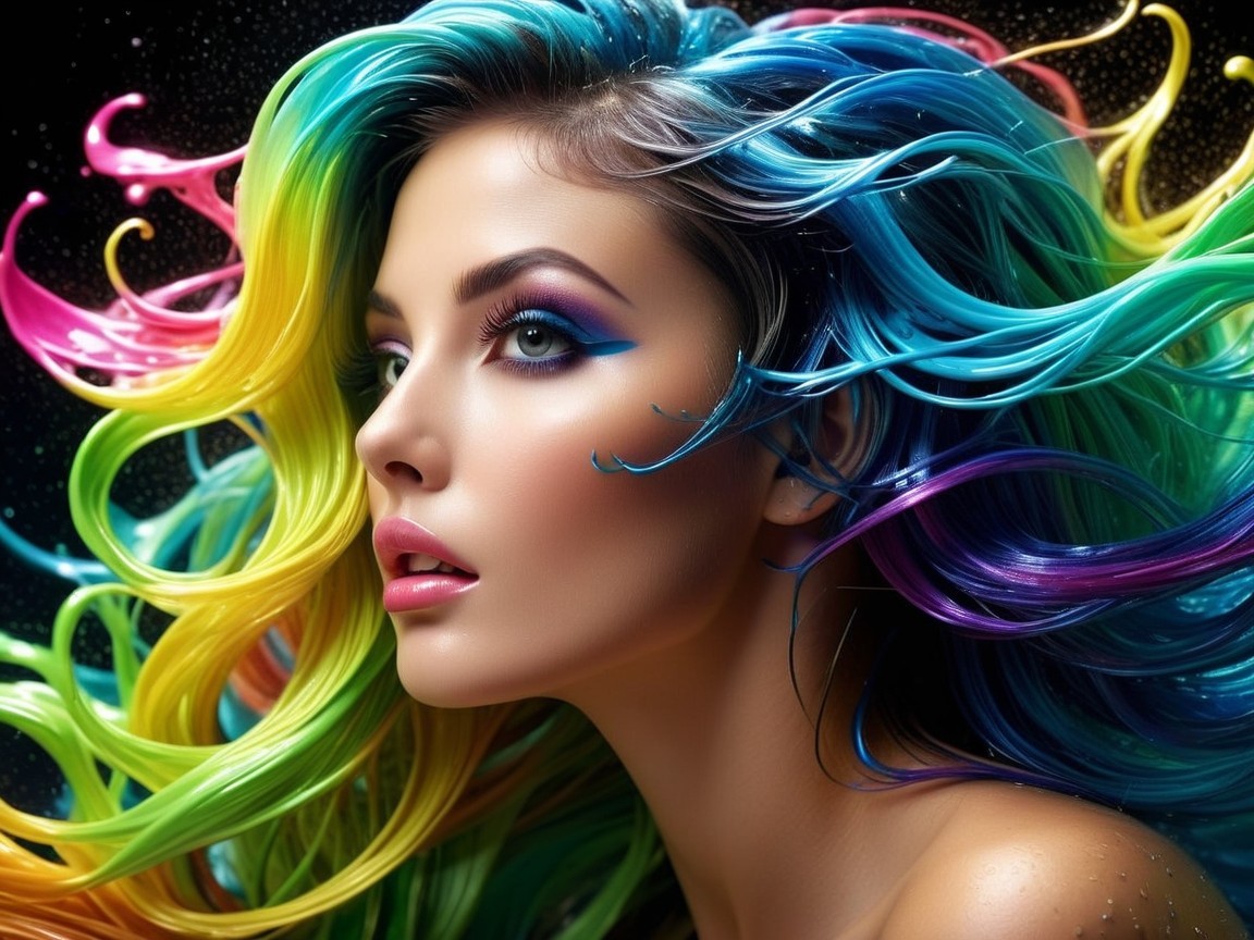 Portrait of a woman with vibrant rainbow-colored hair
