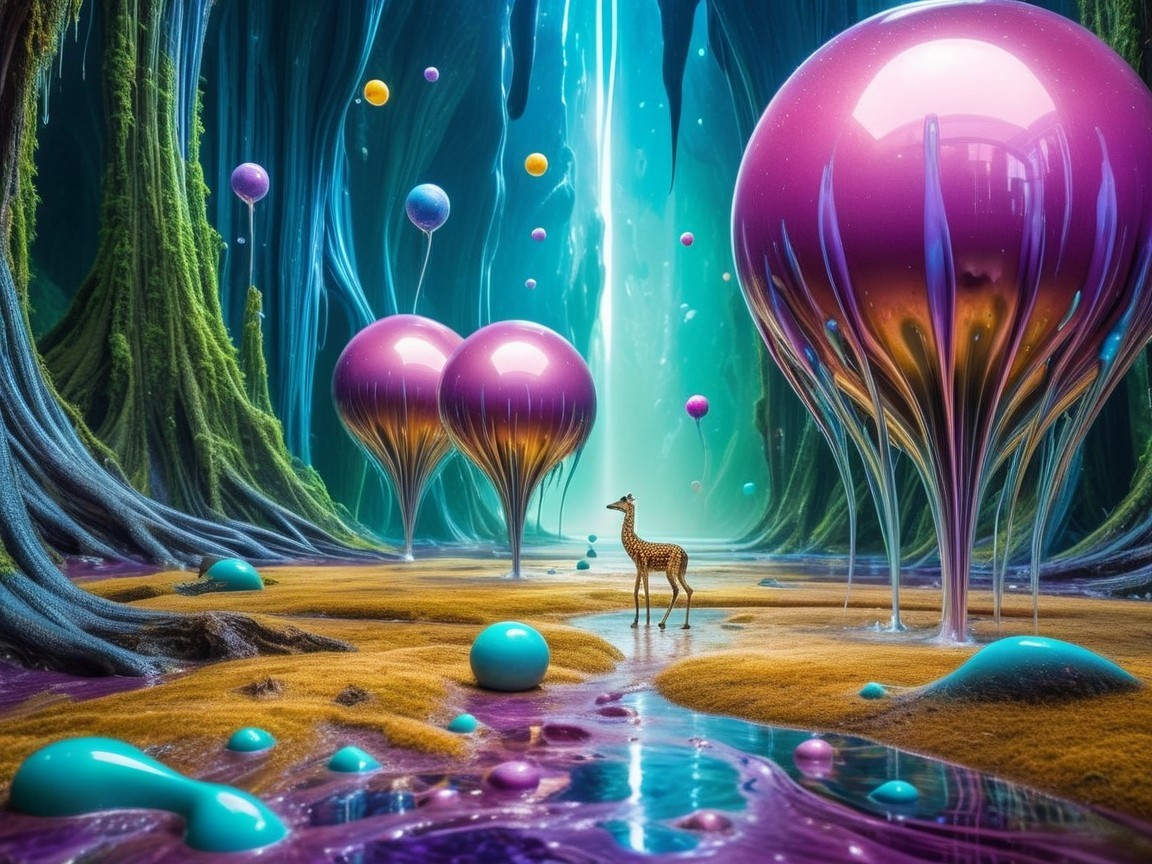 Surreal Landscape with Vibrant Spheres and Giraffe