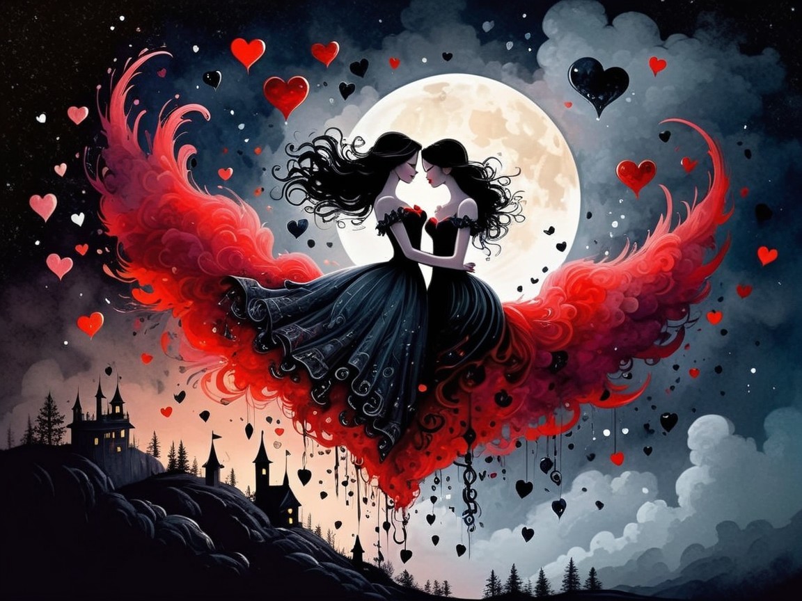 Whimsical Night Scene with Embracing Figures and Wings