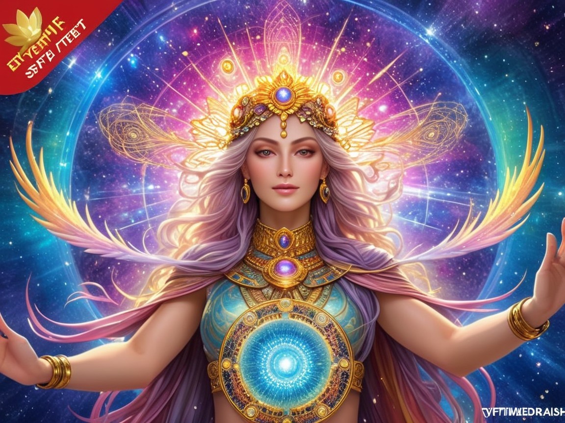 Ethereal Goddess in Cosmic Background with Golden Attire