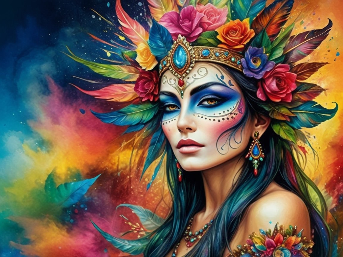 Vibrant Portrait of Woman with Feathered Headdress