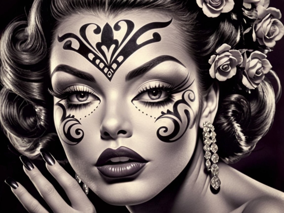Monochromatic Portrait of a Woman with Facial Artistry