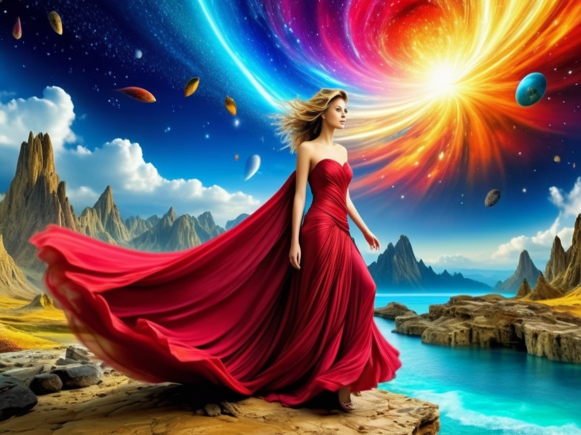 Woman in Red Gown Against Cosmic Landscape and Mountains