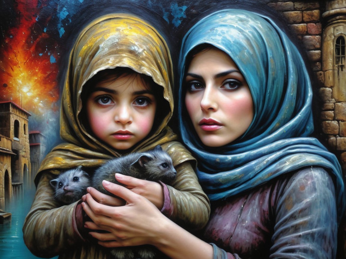 Woman and girl with headscarves in a dramatic landscape