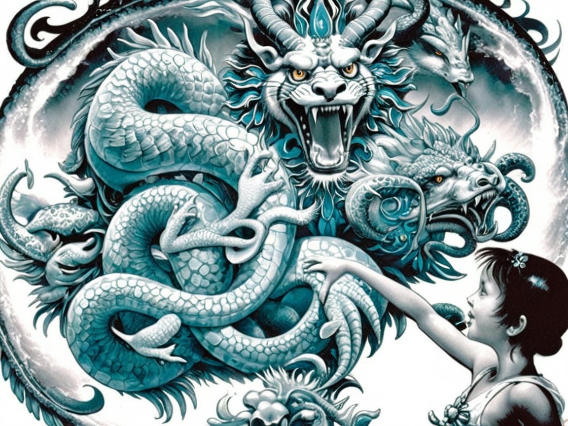 Mythical Dragon and Curious Girl Artwork Description