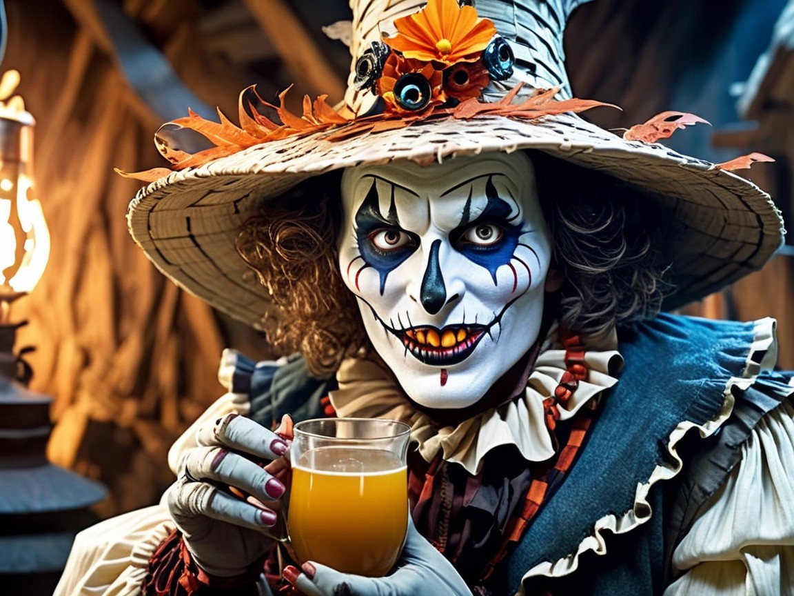 Scarecrow Figure with Autumn Leaves in Dim Lighting