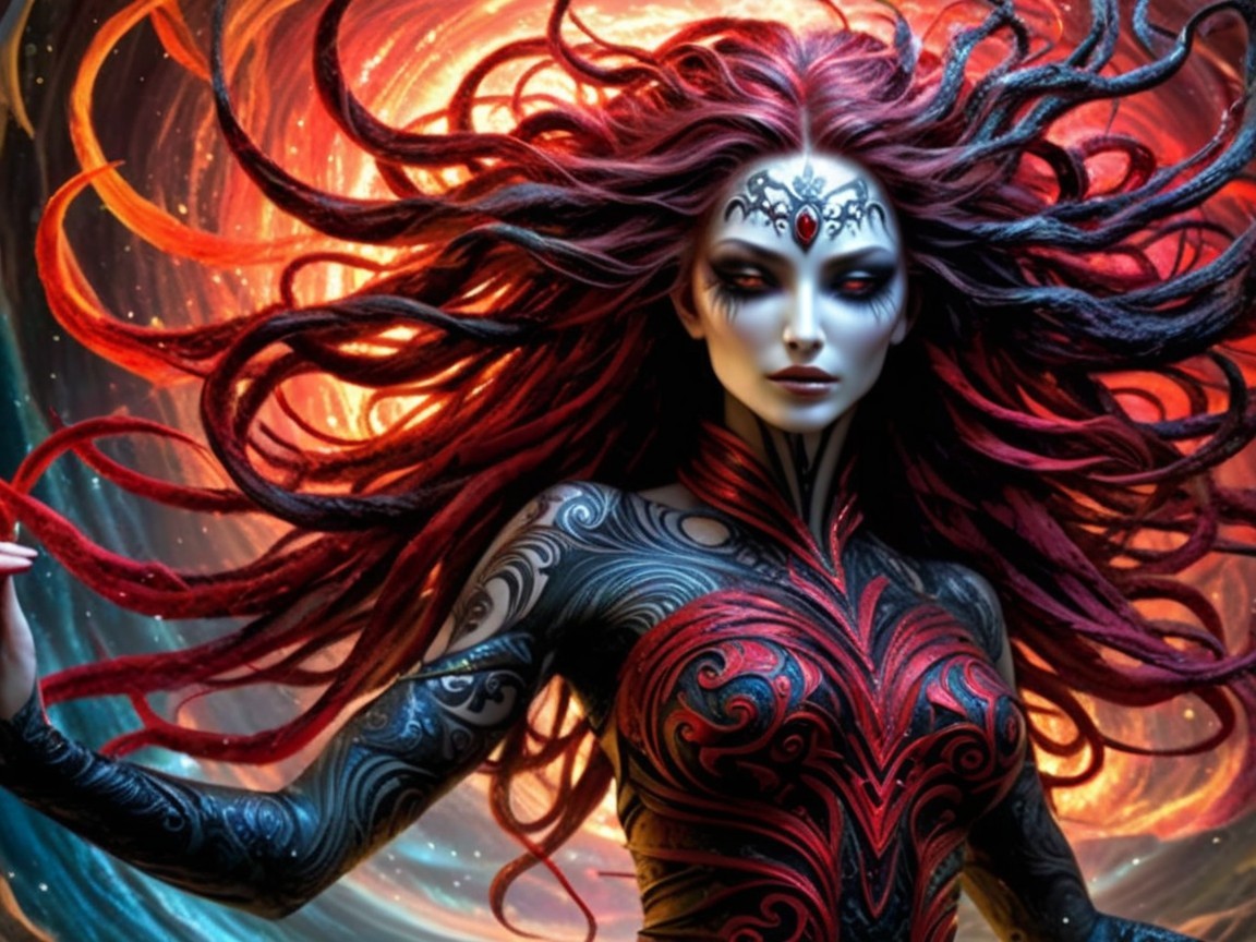 Gothic Figure with Red Hair Against Cosmic Background