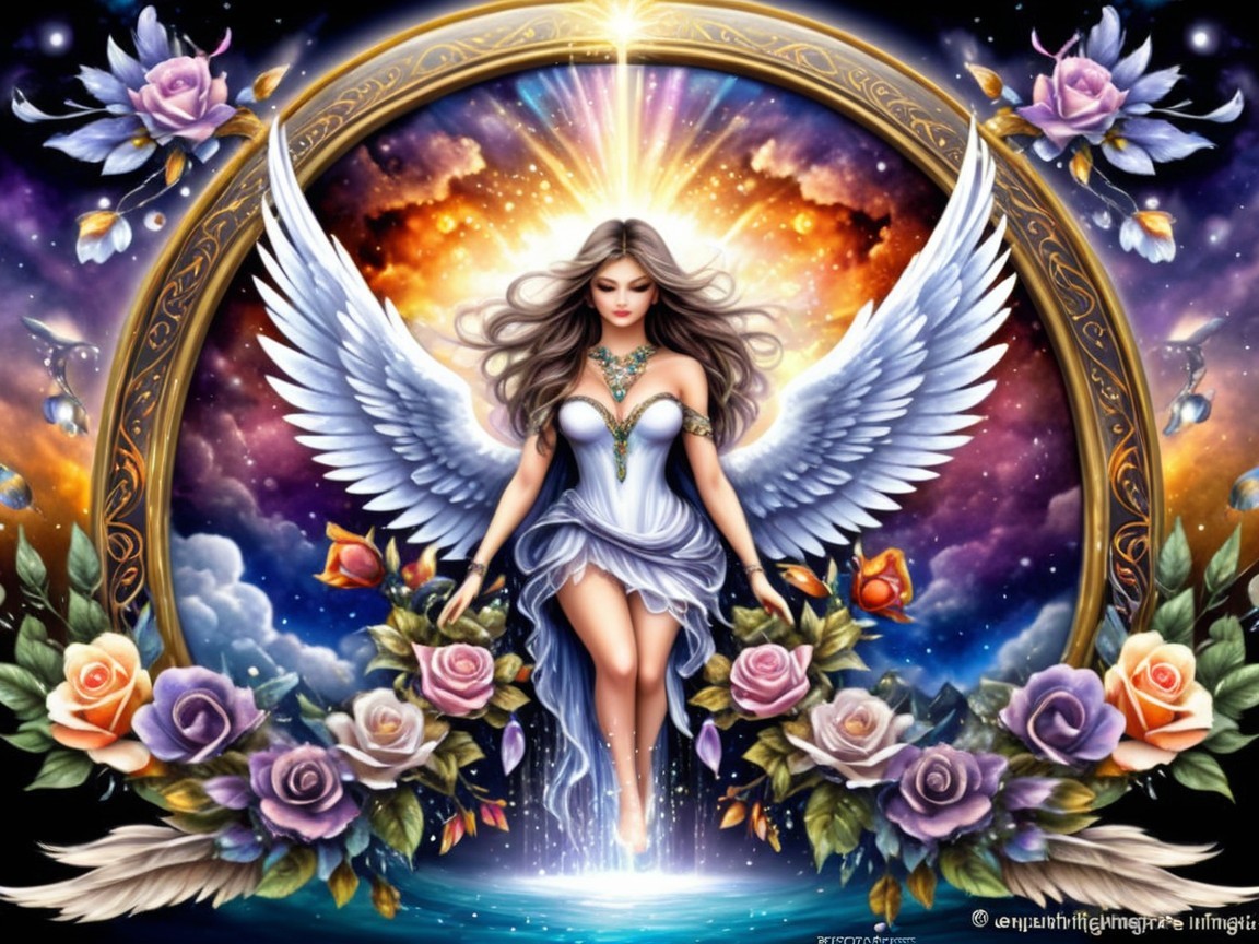 Celestial Figure with Radiant Wings and Roses