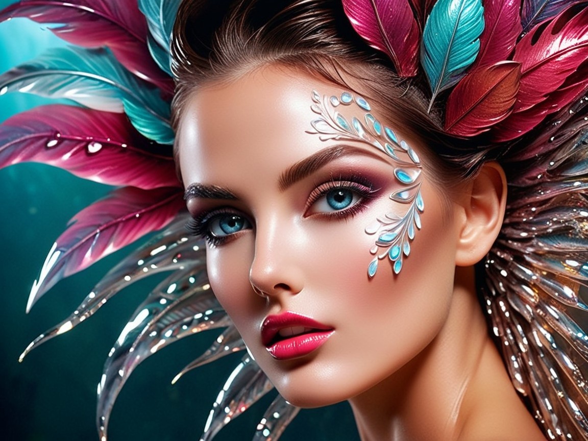 Portrait of a woman with blue eyes and dramatic makeup