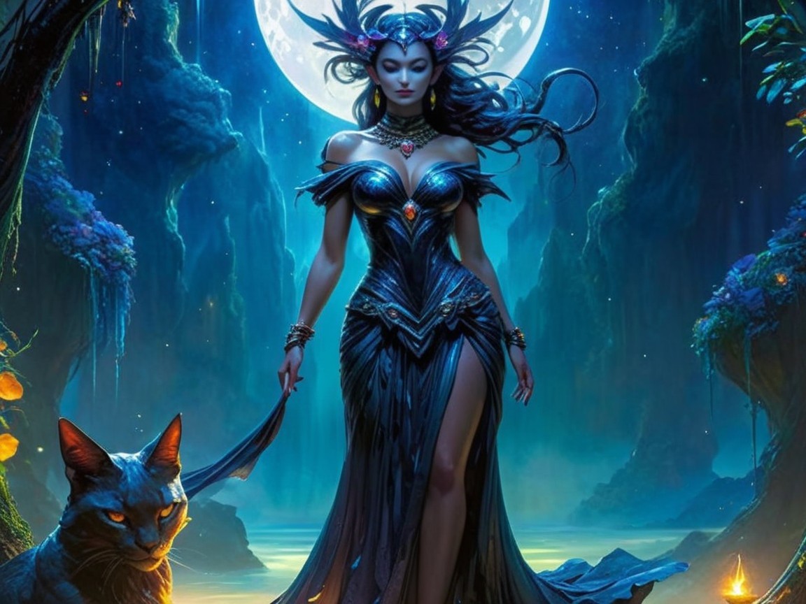Majestic sorceress in a mystical forest at night