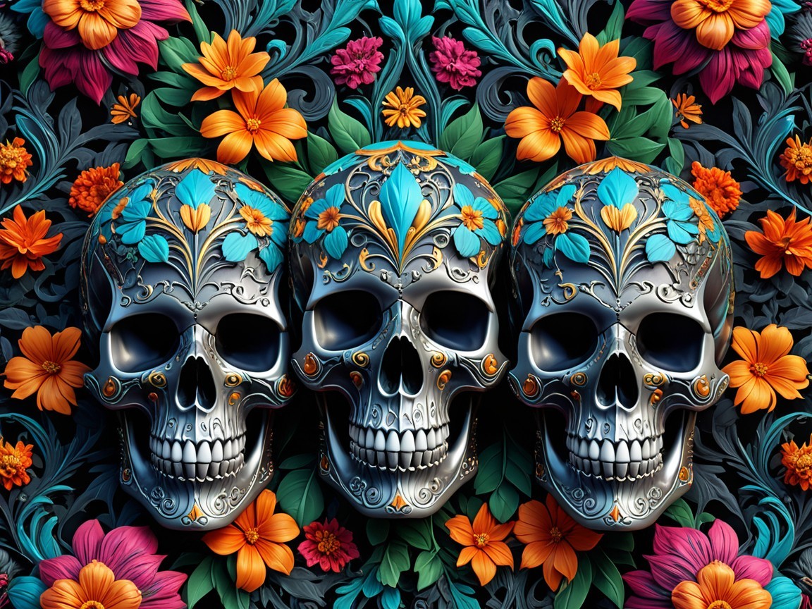 Intricate Floral Skull Designs with Metallic Sheen
