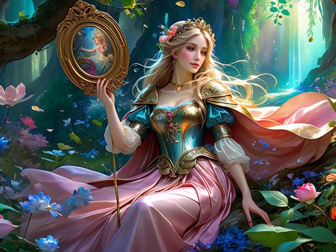 Princess in Turquoise Gown in Enchanted Forest Scene