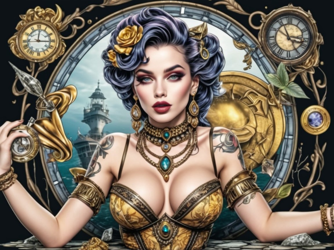 Glamorous Woman with Purple Hair in Golden Dress