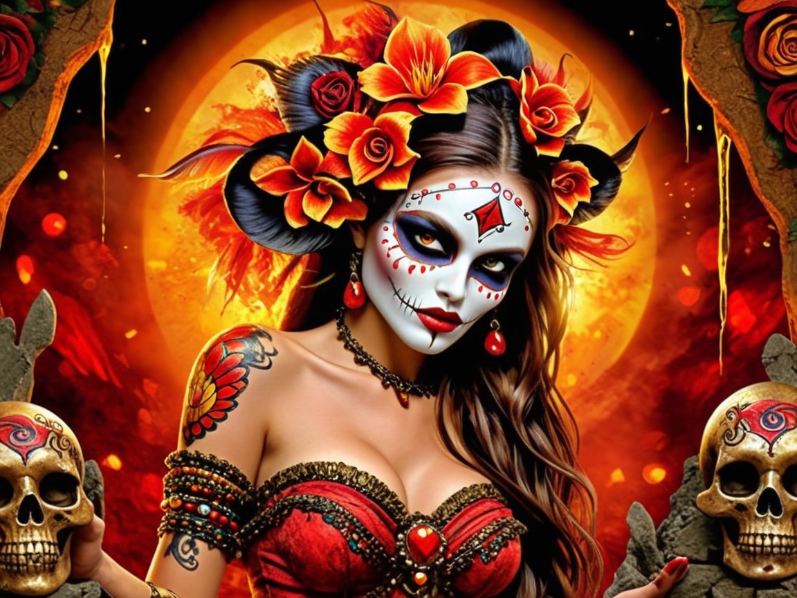 Day of the Dead Woman in Red Dress with Sugar Skull Makeup