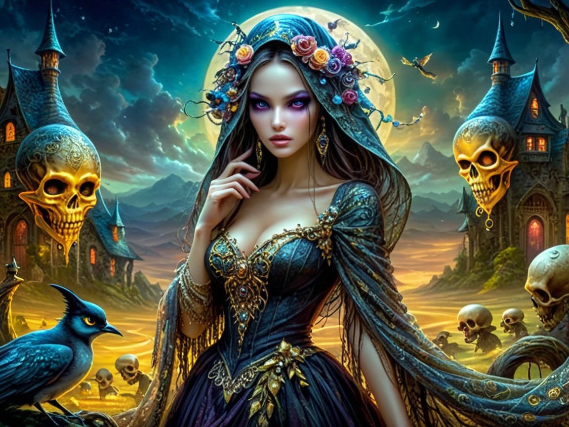 Mystical Woman in Black Gown Against Full Moon Scene