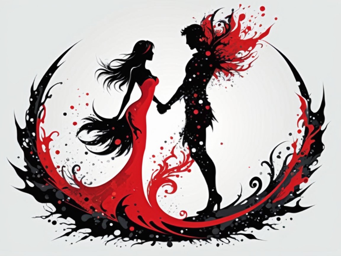 Silhouette of Couple with Abstract Red and Black Design
