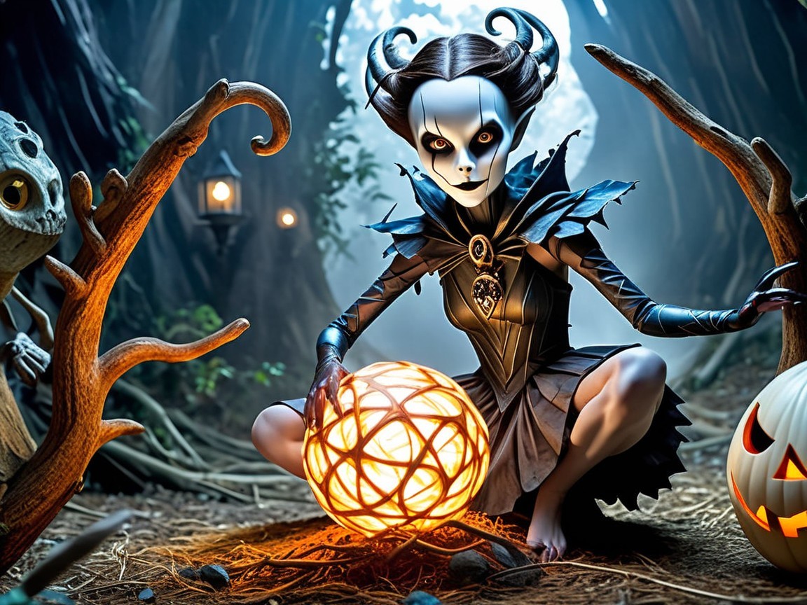 Mystical Forest Scene with Pale Figure and Lanterns