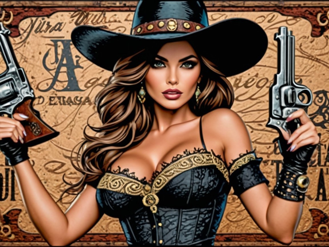 Vintage Western Woman in Corset with Revolvers