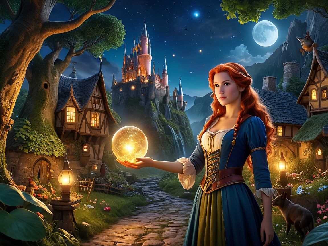 Young woman with red hair in a moonlit village